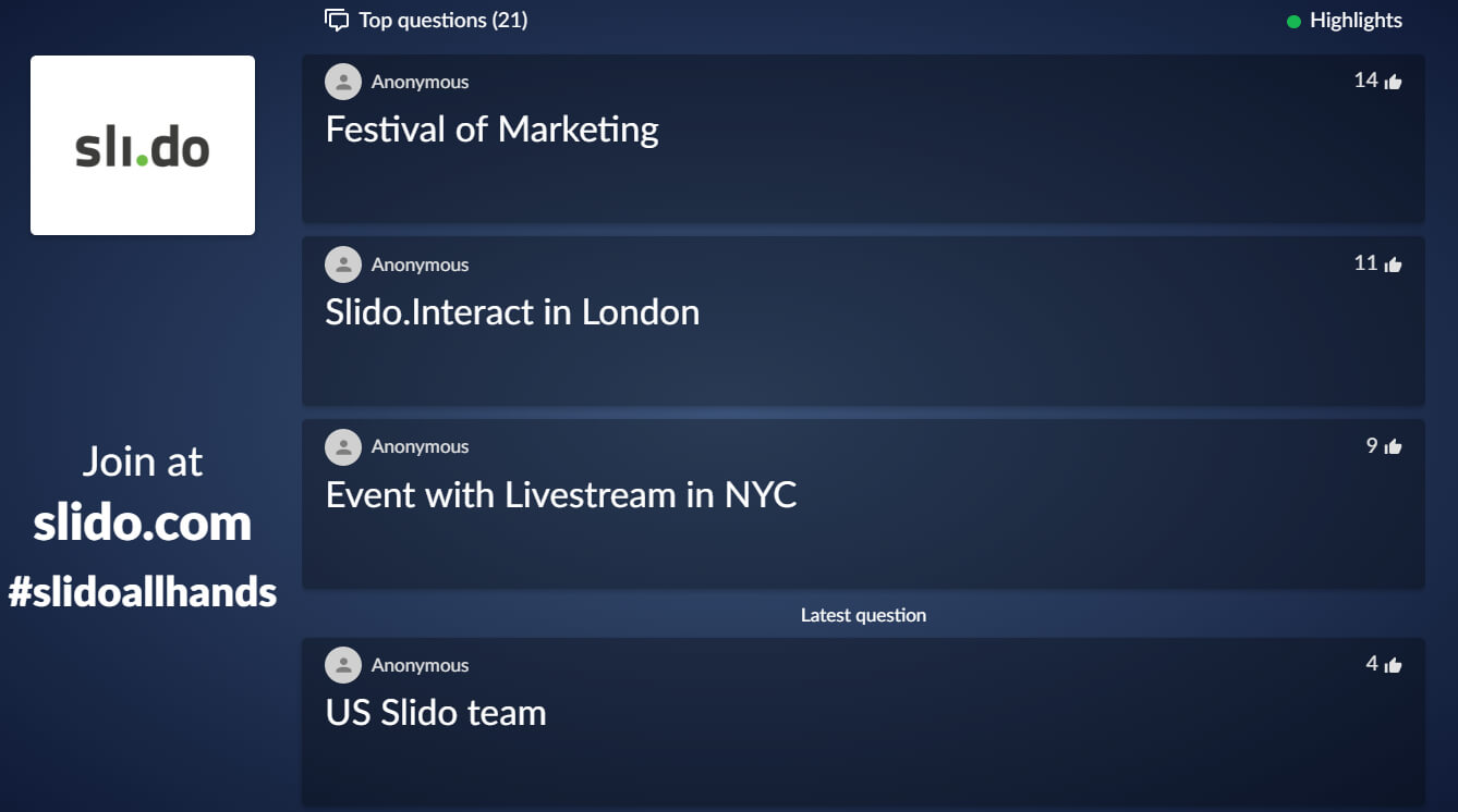 Questions feature in Slido