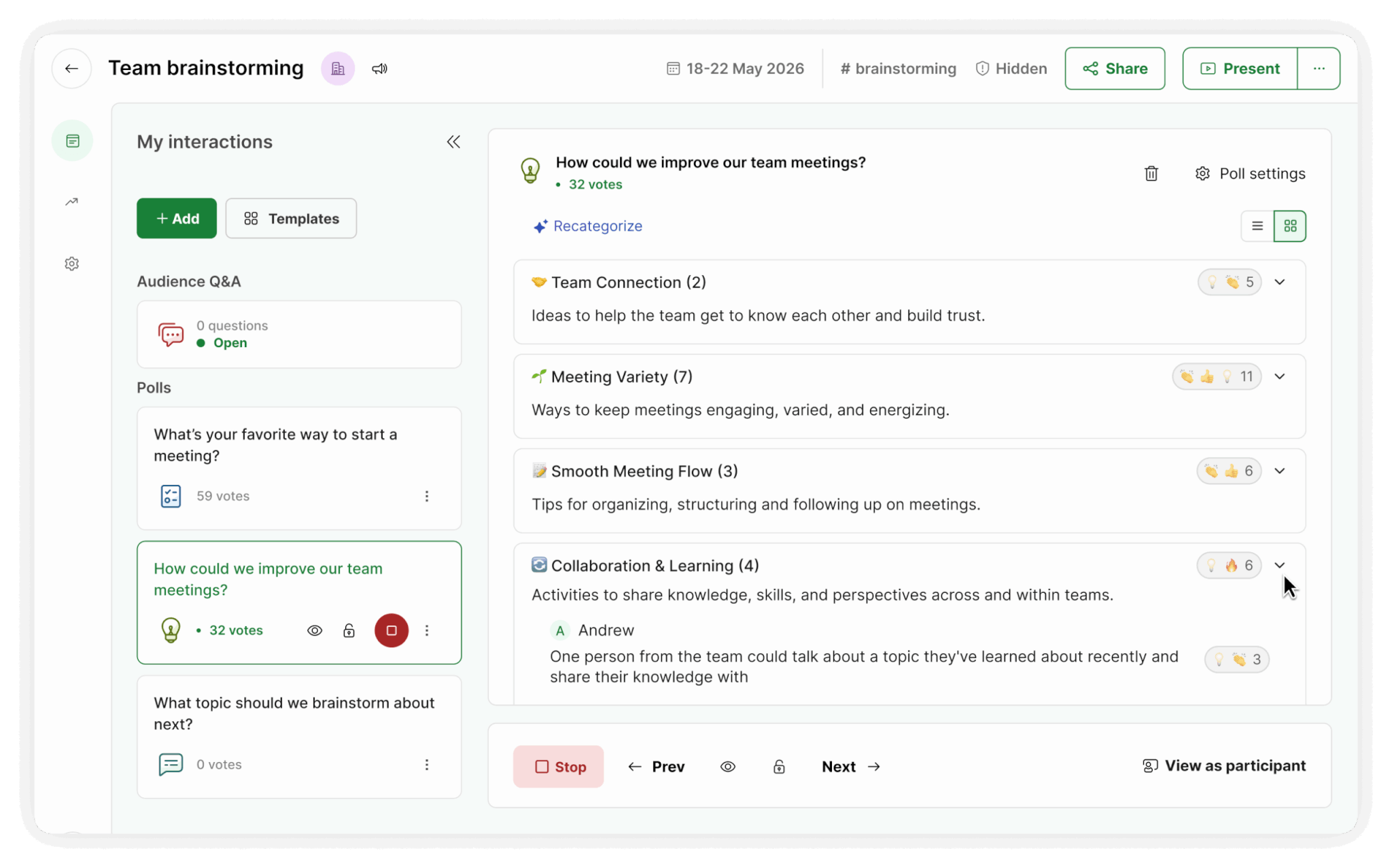 Slido Ideas feature in Host mode