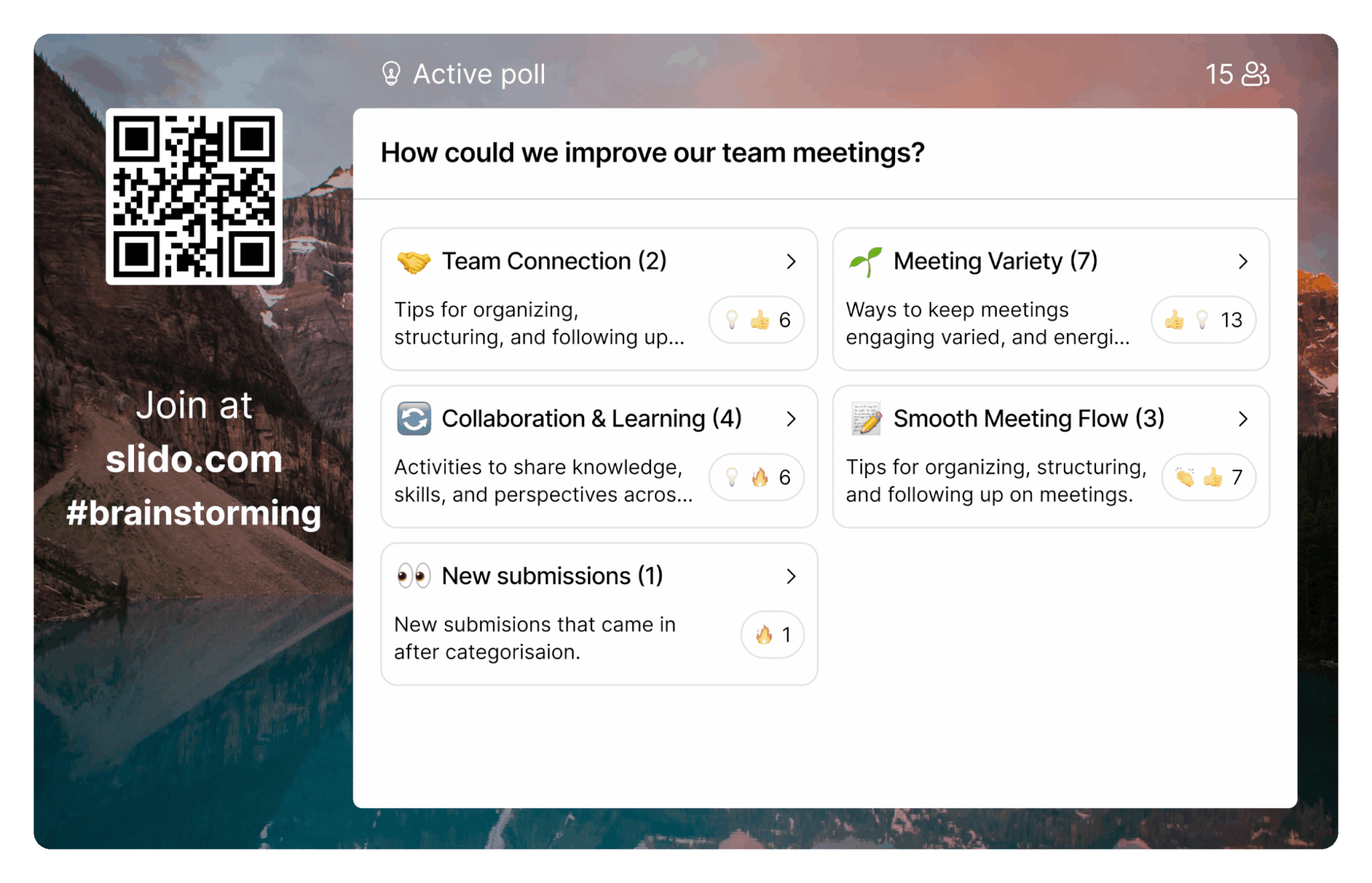 Slido Ideas feature with AI categorization in Present mode.