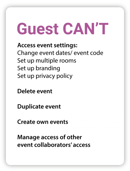 Guest can't Access event settings: Change event dates/event code Set up multiple rooms Set up branding Set up privacy policy Delete event Duplicate event Create their own events Manage access of other event collaborators