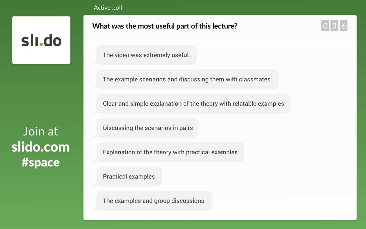 Example feedback poll at the end of a lecture that asks "What was the most useful part of this lecture?"