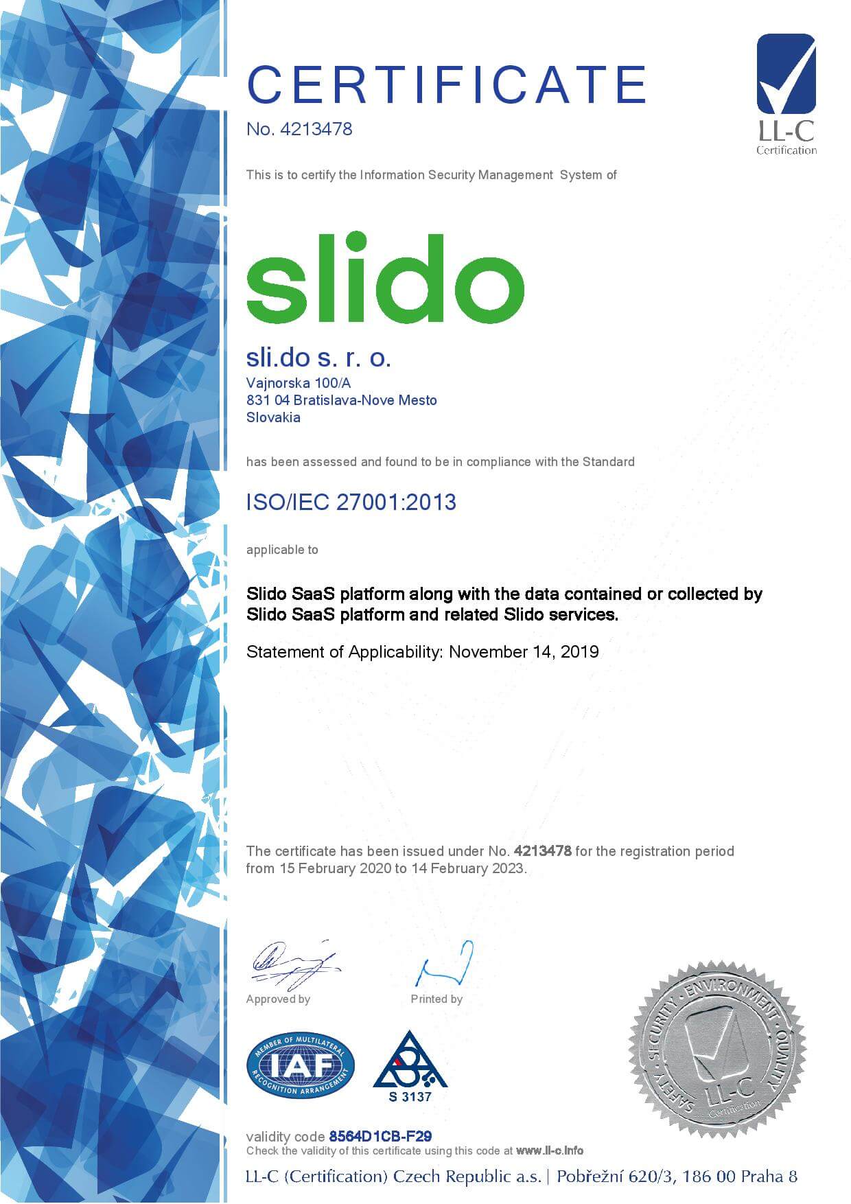 Slido ISO 27001 Certificate