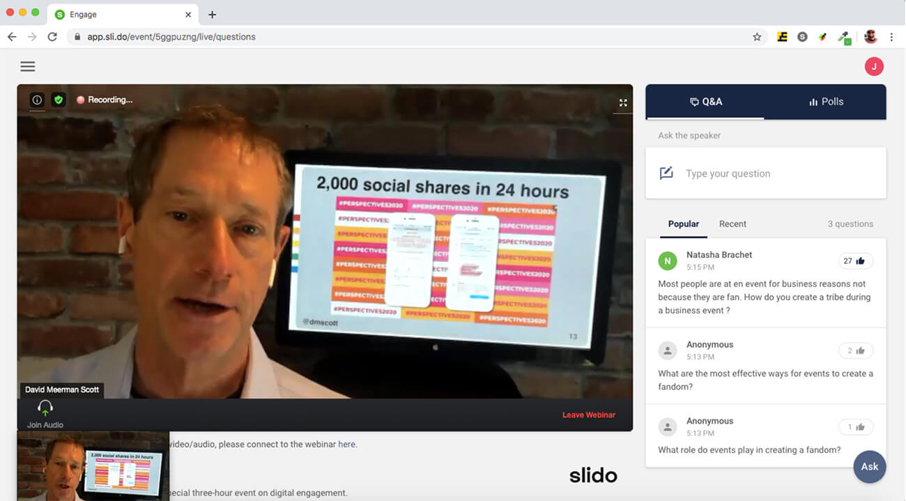 slido and zoom webinar integration at ENGAGE event