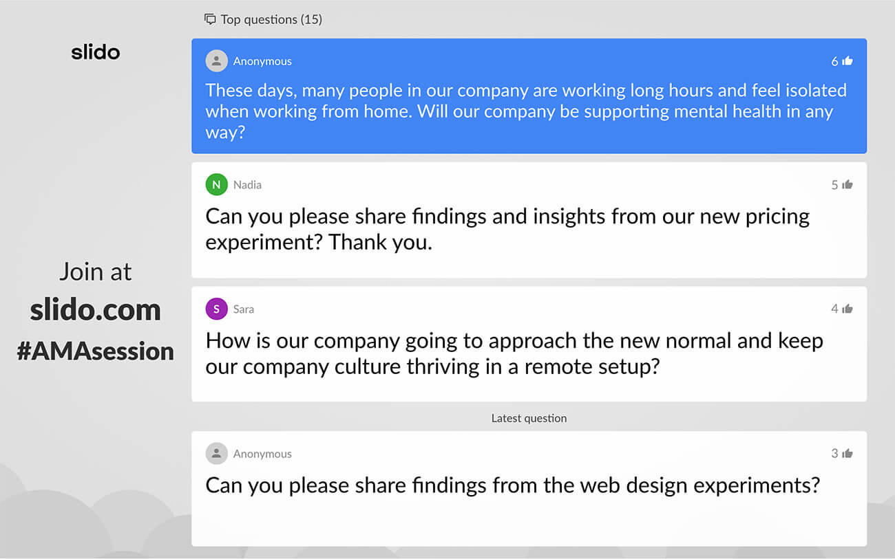 Collecting team's questions via Slido Q&A in PowerPoint presentation