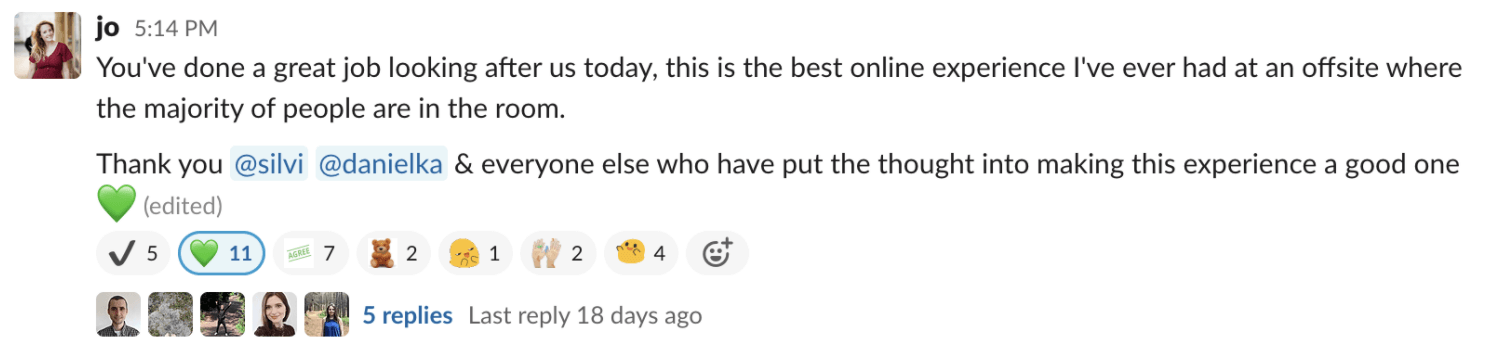 a screenshot from Slack with a message from one of our remote colleagues appreciating the work of remote champions who looked after the remote audience at our hybrid offsite