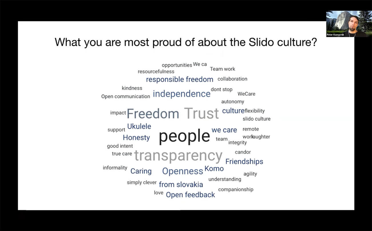 Slido word cloud poll at virtual offsite