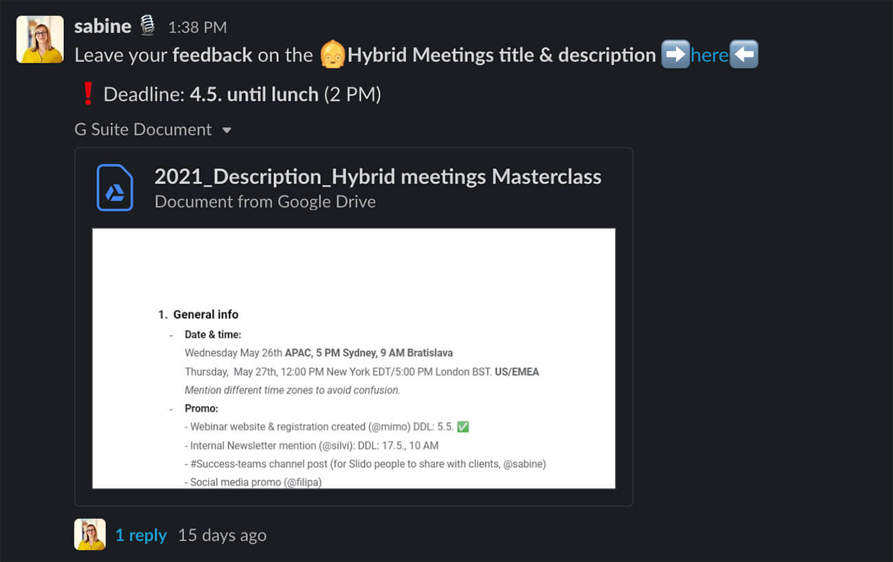 Screenshot from Slido's Slack channel with feedback