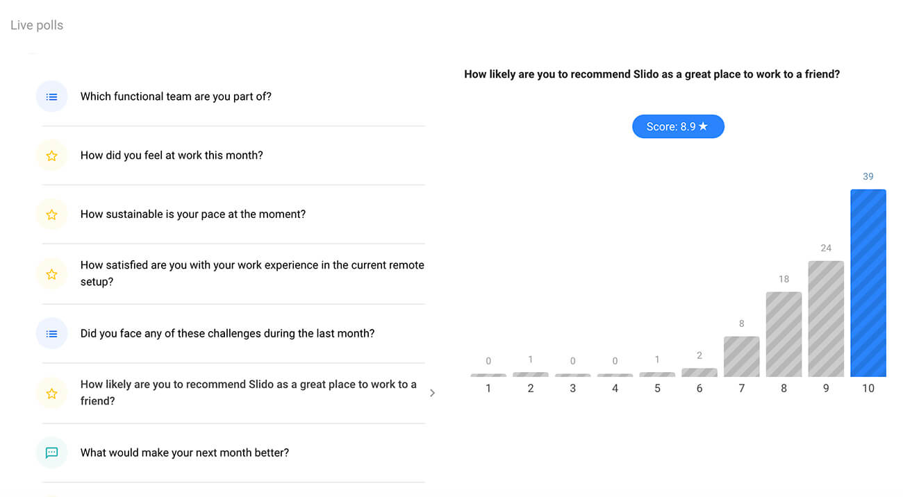 eNPS survey question shown in Slido Analytics dashboard as one of the employee engagement strategies