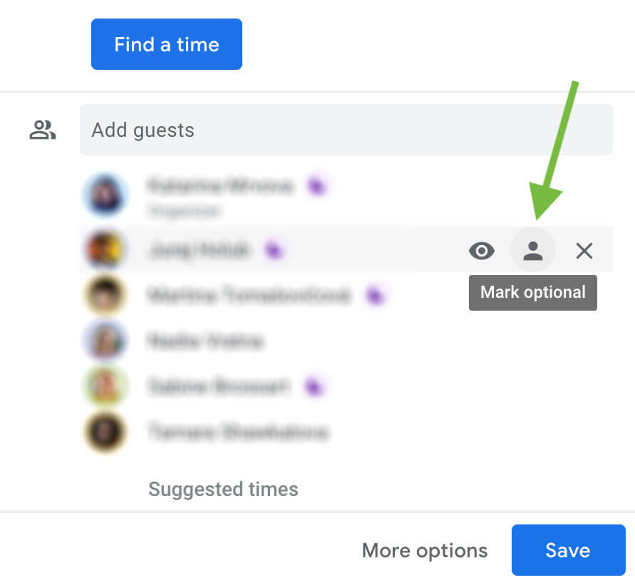 screenshot from Google Calendar showing how you can mark meeting attendees as optional