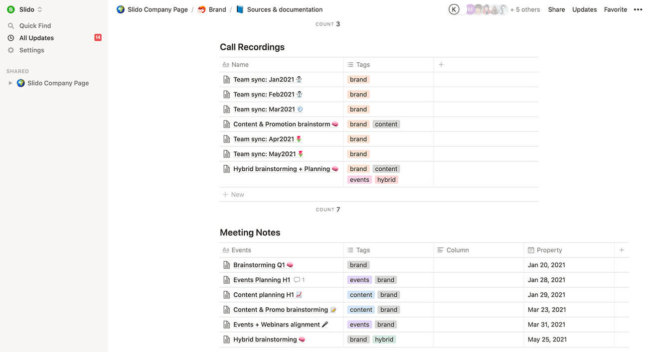 example of a company Notion page with shared meeting minutes and meeting recordings