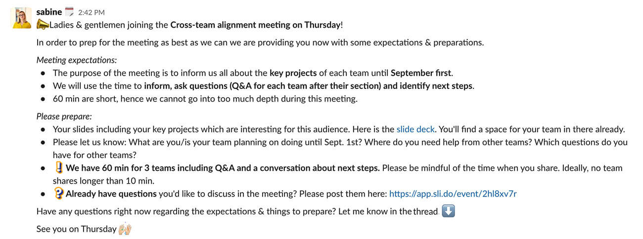 an example of a slack message where a meeting organizer shares meeting expectations and preparation steps