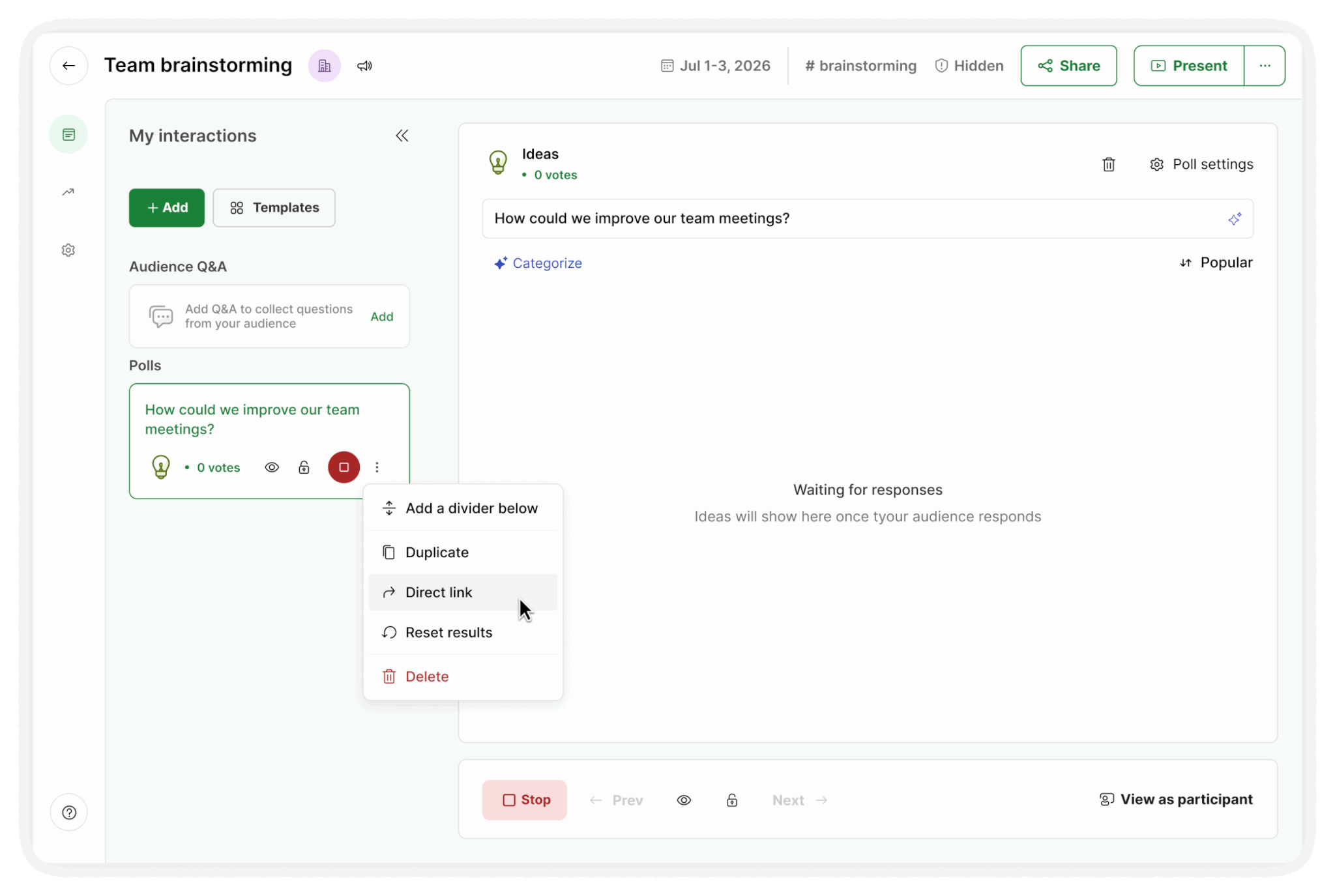 Slido direct sharing link for Ideas poll