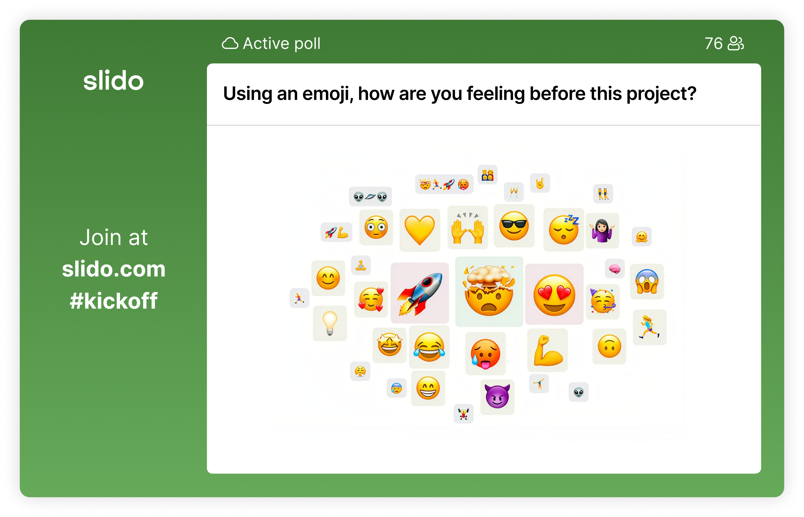 Word cloud with emojis in Slido present mode for project kickoff