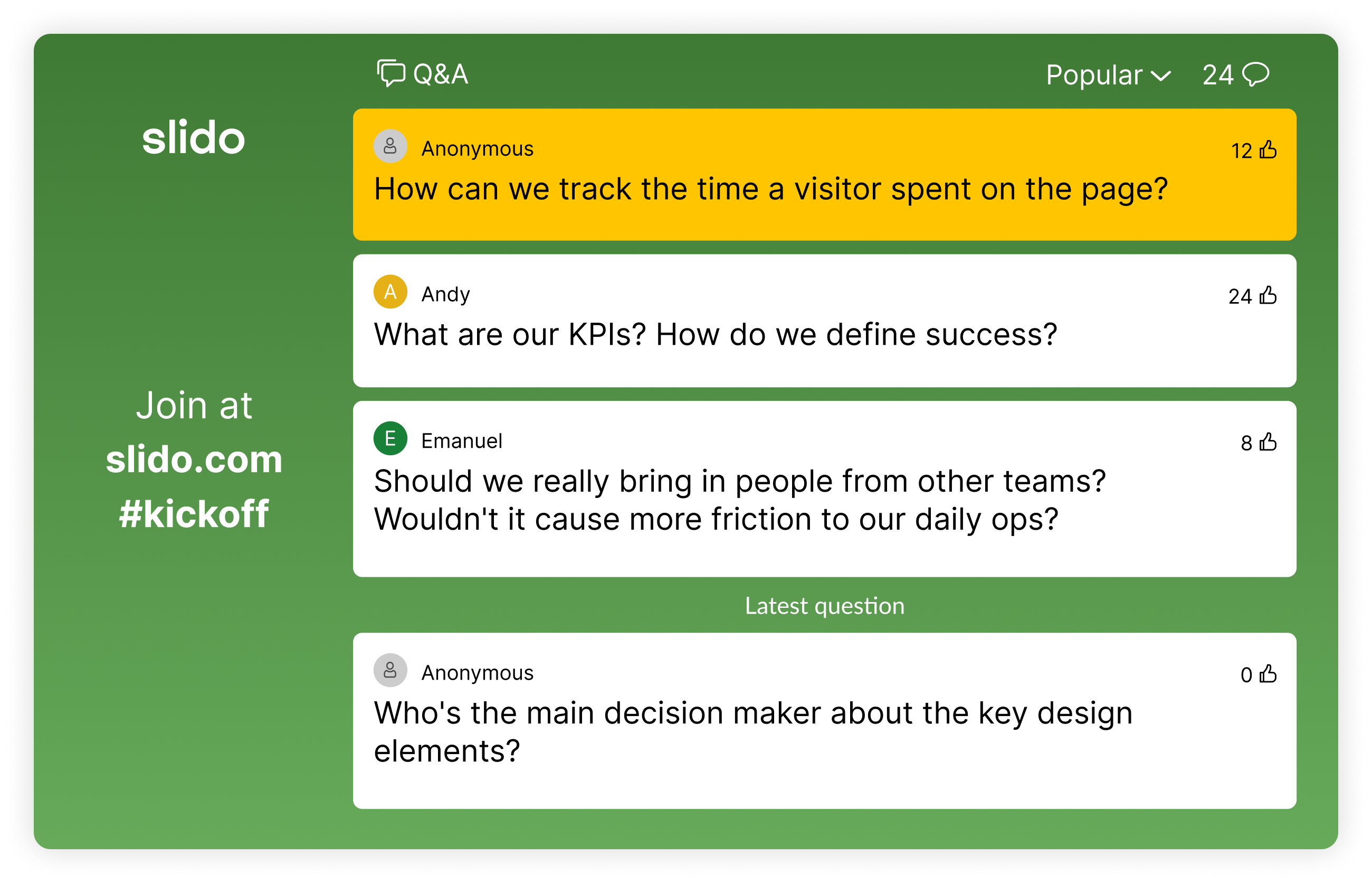 Slido Q&A from project kick off meeting