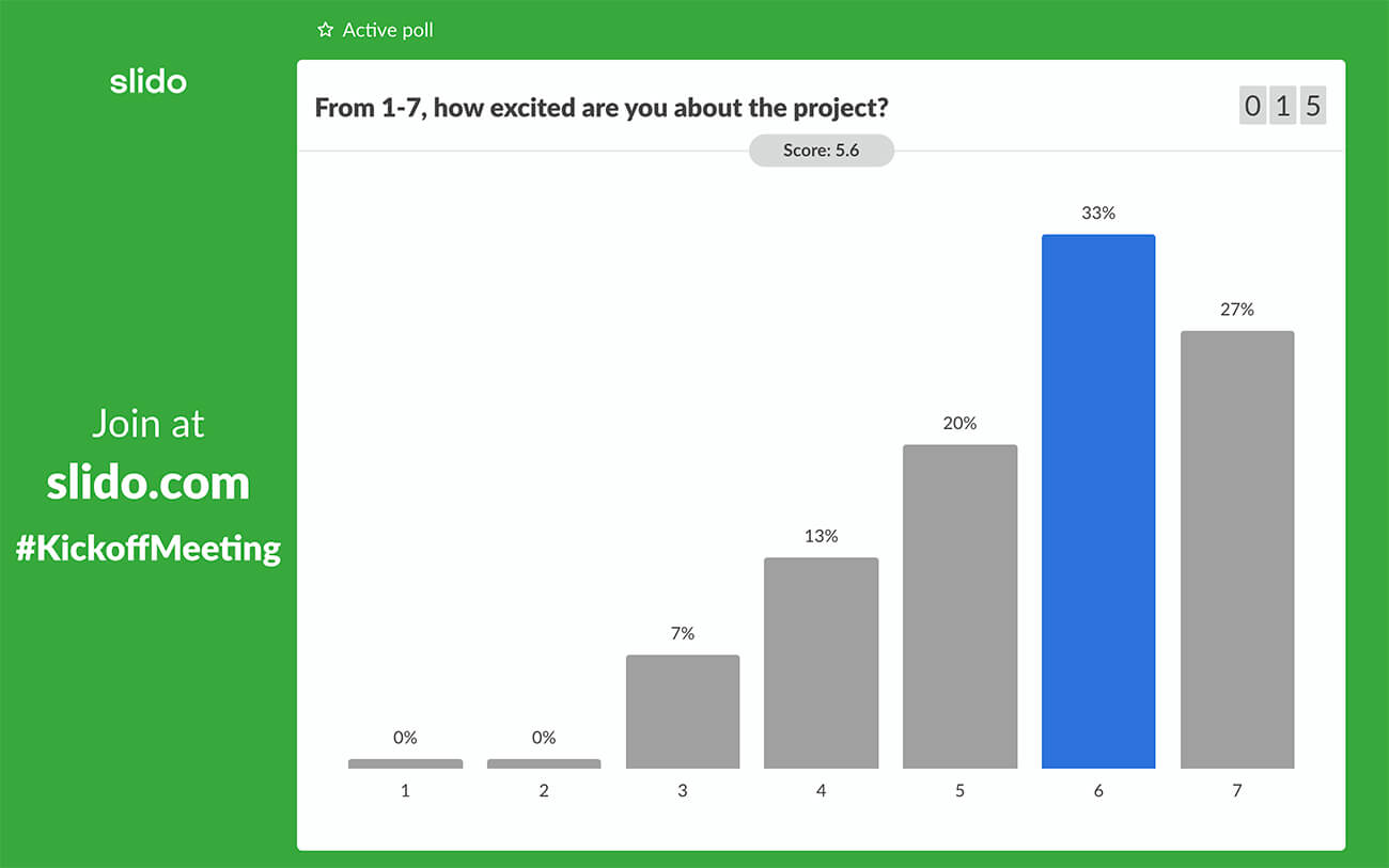 Slido's rating poll used to break the ice at a kick off meeting