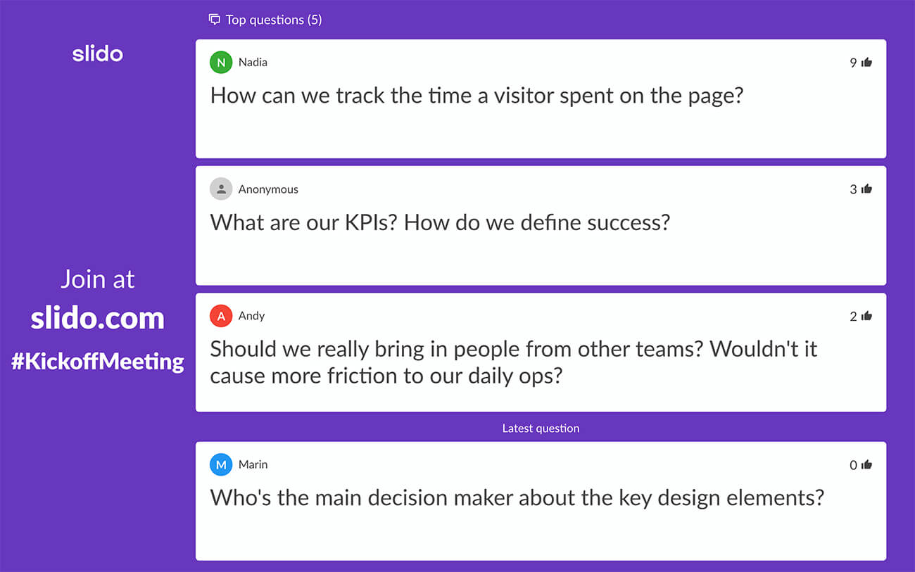 slido's q&a feature used during a project kick off meeting