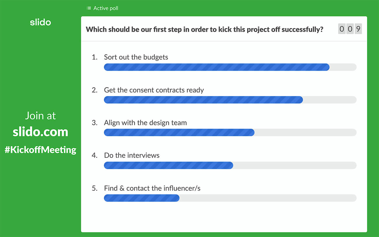 Slido's ranking poll used at a kick off meetings to prioritize the next steps