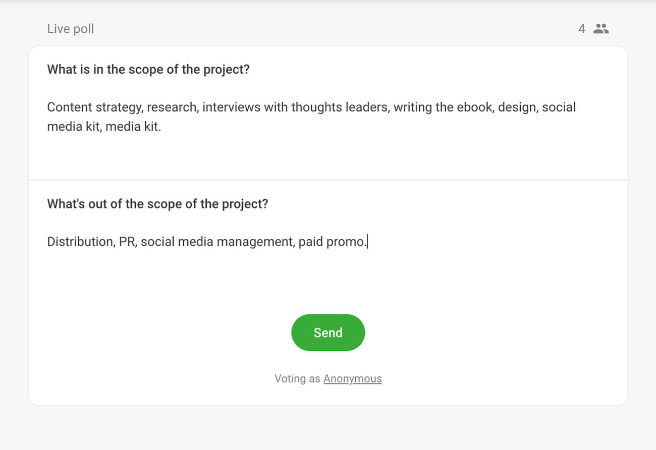 Slido survey used during a kick off meeting to define the project scope