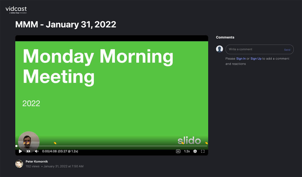 a screenshot of an asynchronous meeting done via Vidcast