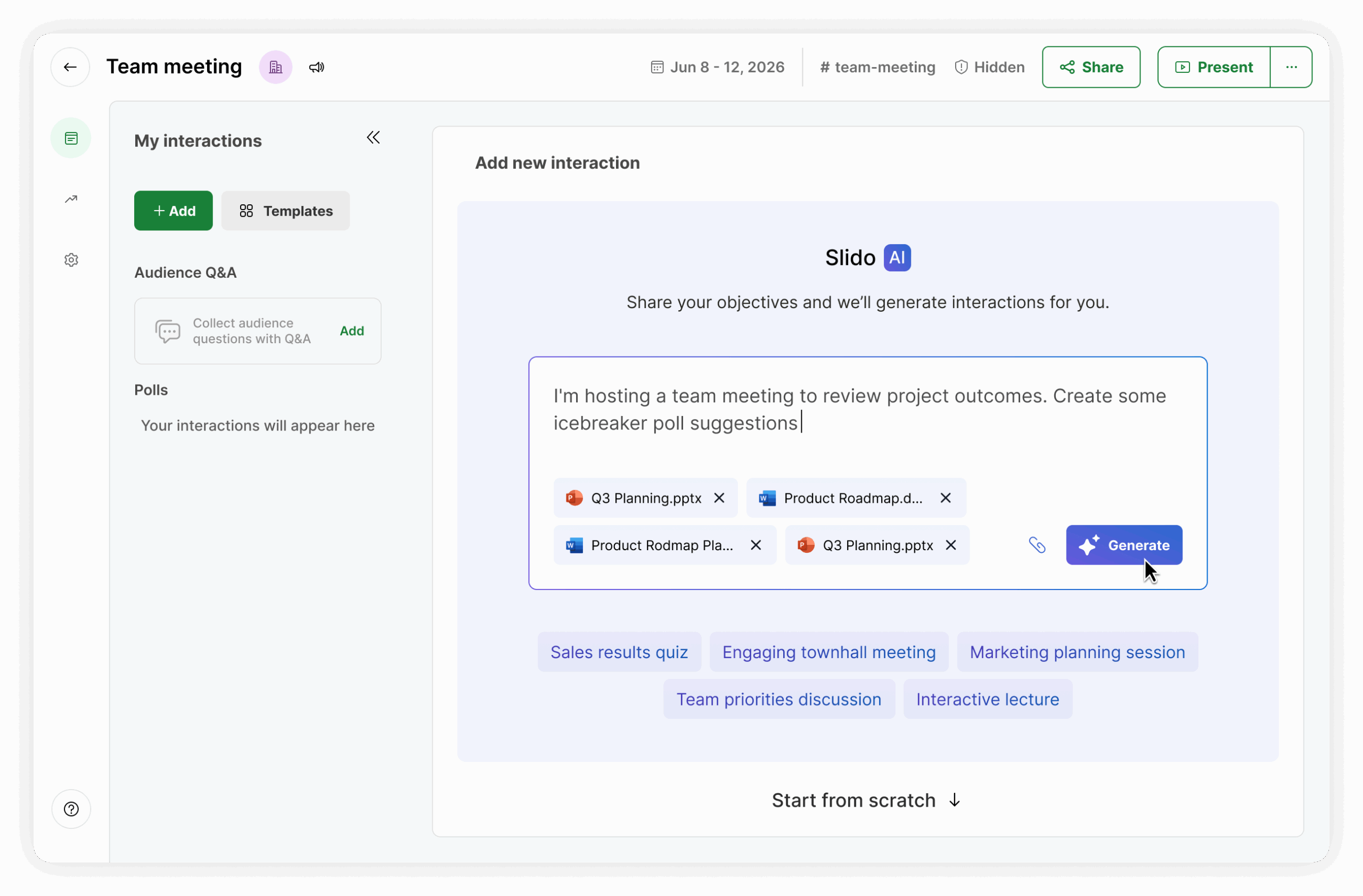 Slido AI polls from prompt for virtual icebreakers
