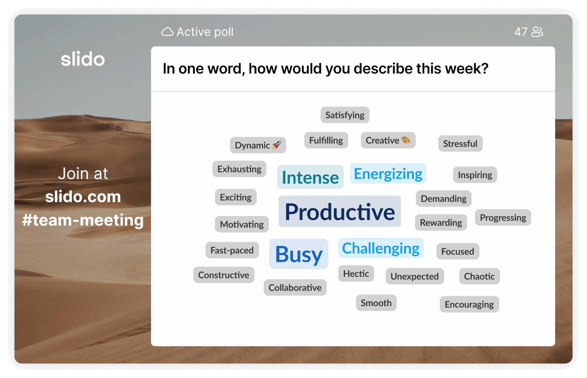 Slido word cloud asking in one word how would you describe you week