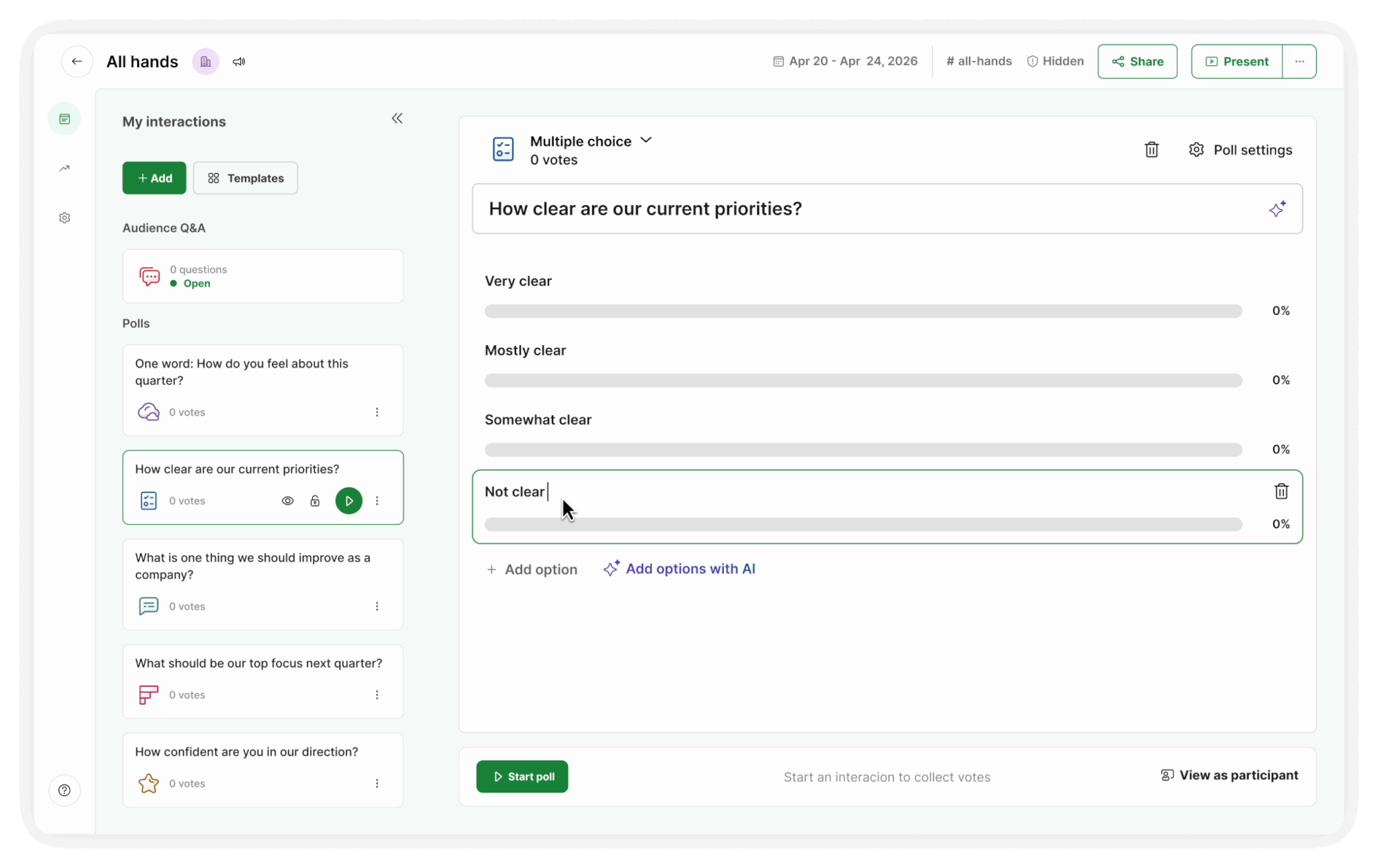 Preparing a Slido multiple choice poll in advance in Host mode