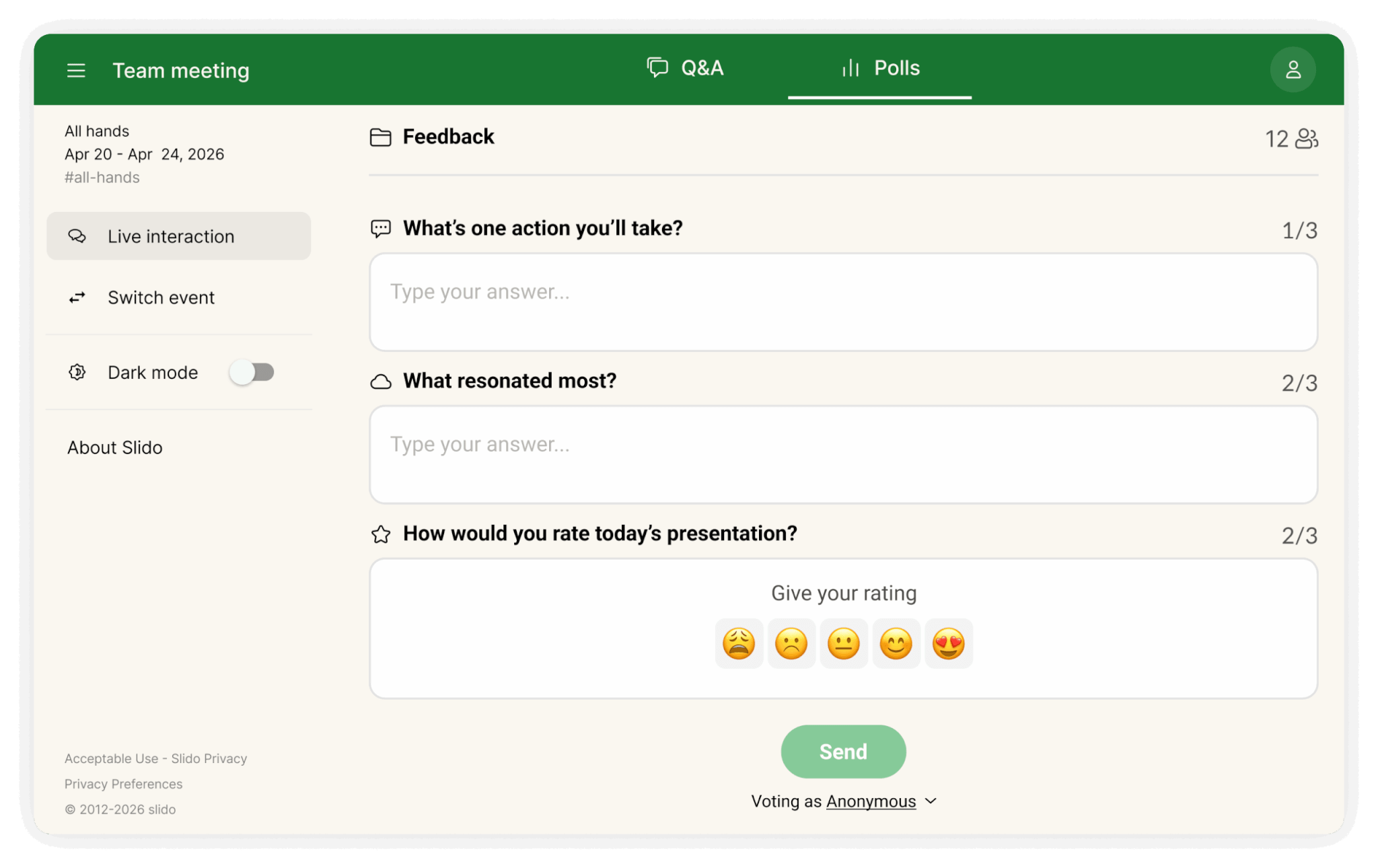 Slido feedback Survey in Host mode