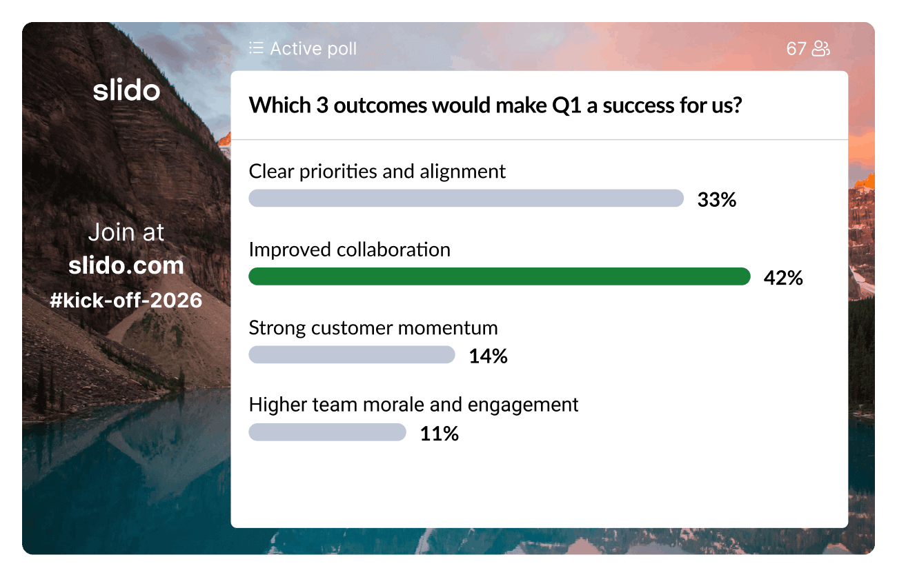 A Slido multiple choice poll asking which 3 outcomes would make quarter one a success for a team