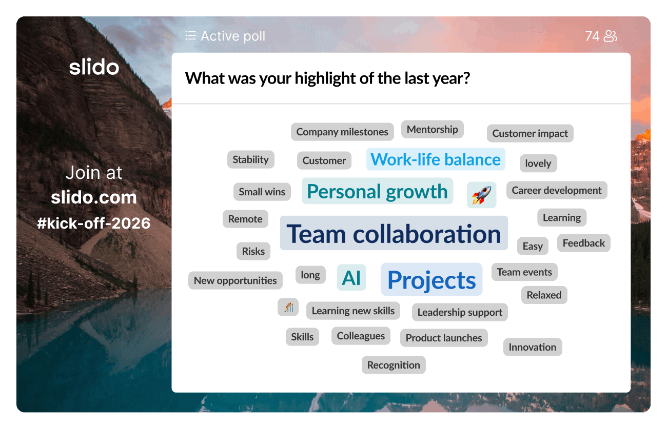 Slido word cloud poll asking colleagues what their highlight of last year was