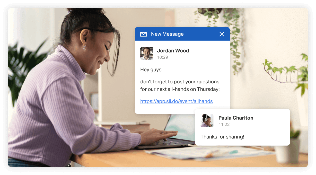 A leader answering pre-collected questions before a meeting on a laptop