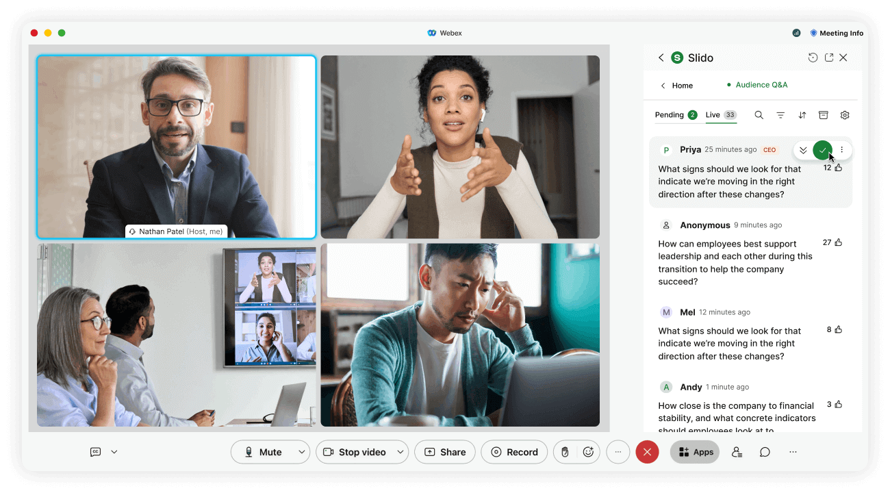 A Webex call where a leader is addressing Slido questions about layoffs