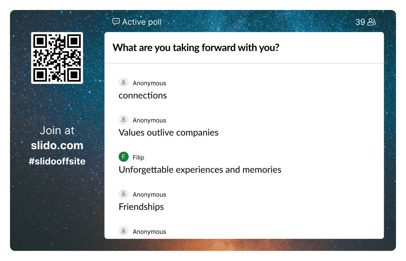 Slido open text poll asking what are you taking forward with you?