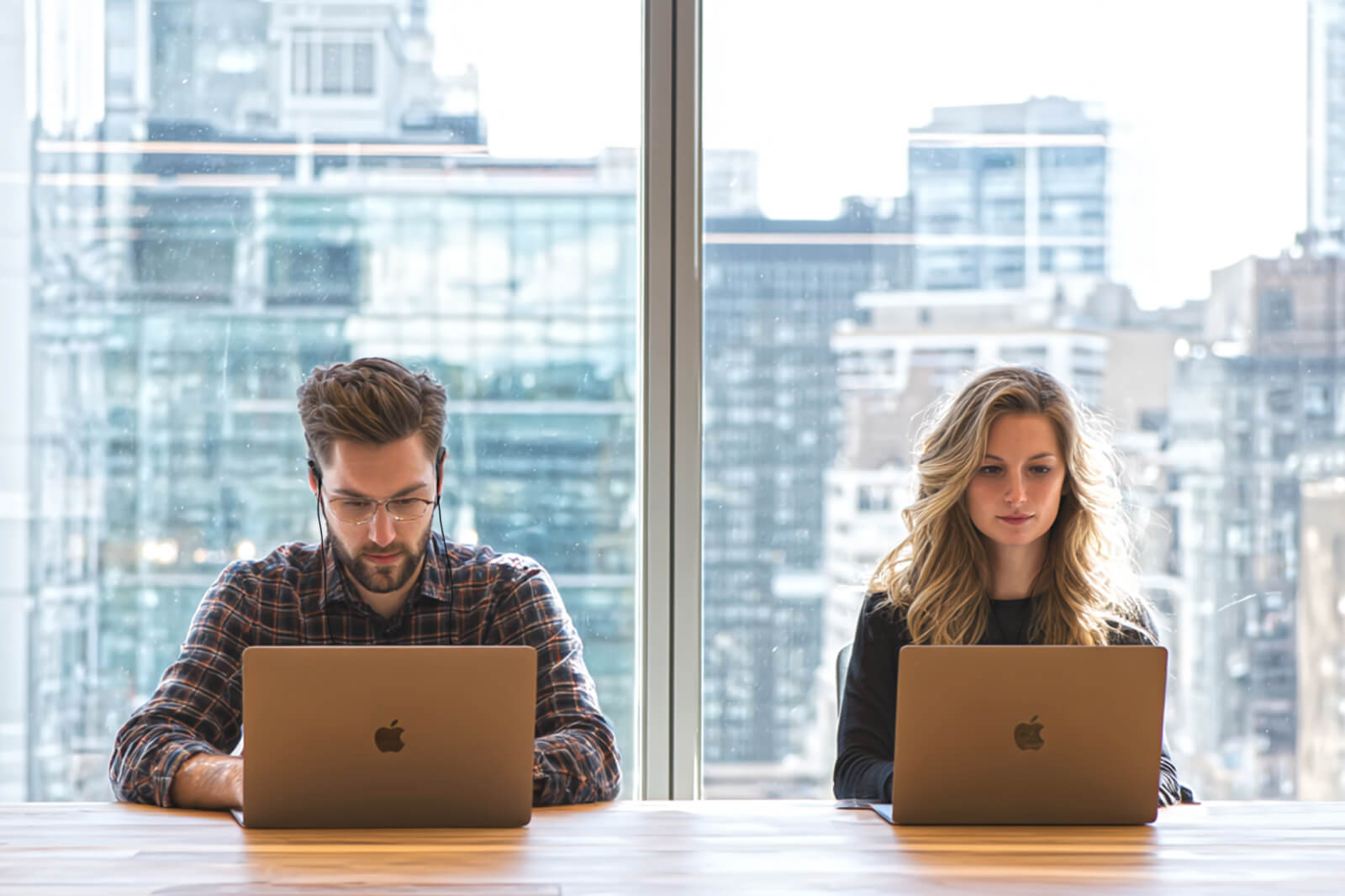 Two people on laptops reading at a silent meeting